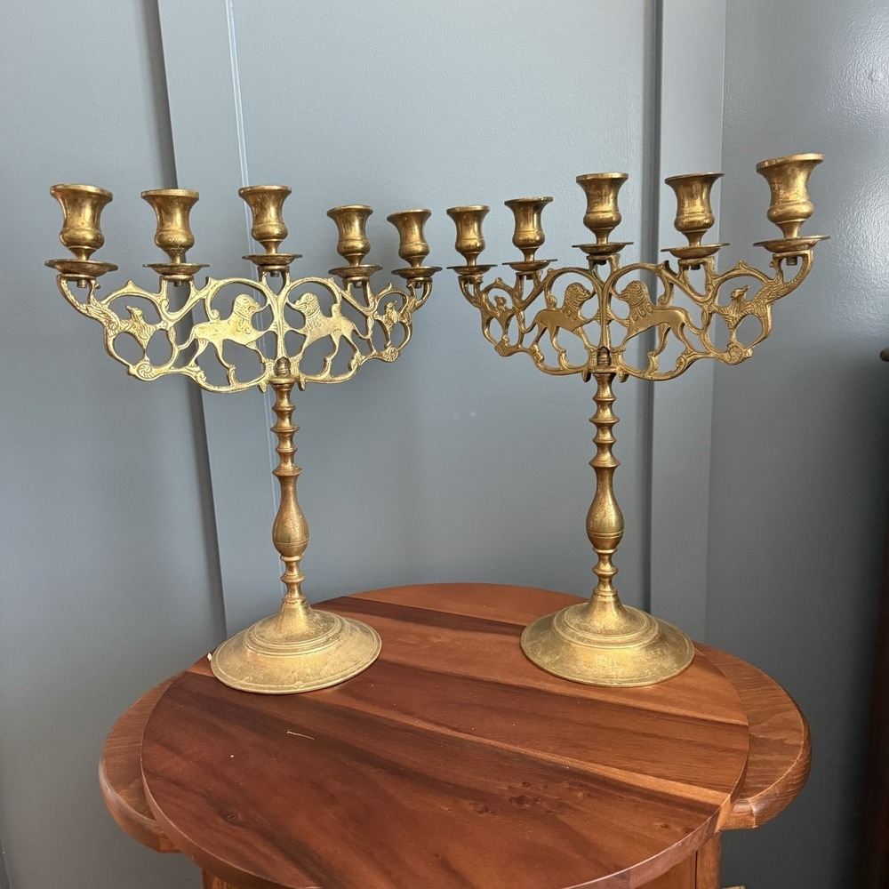 Vintage Brass Lion of Judah Candelabra Pair 5 Arm Shabbat Heavy Judaica Large